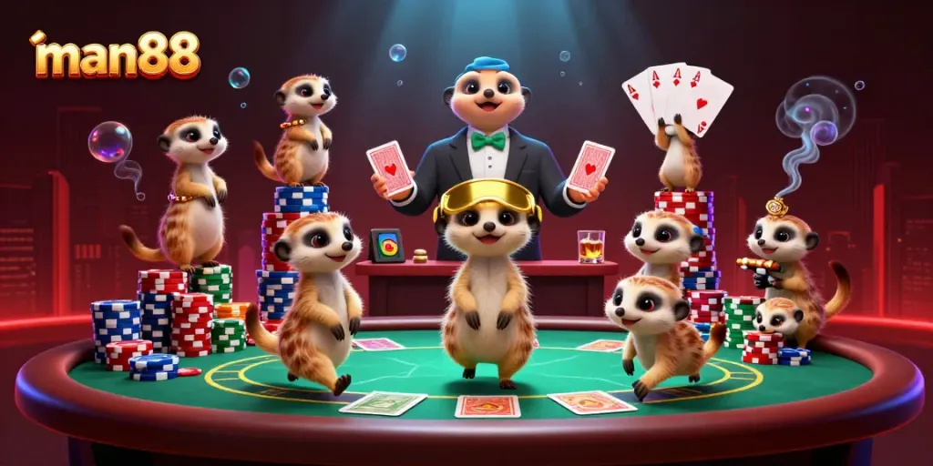 Experience the excitement of man88 with meerkats managing a lively casino environment, complete with poker elements and vibrant visuals.