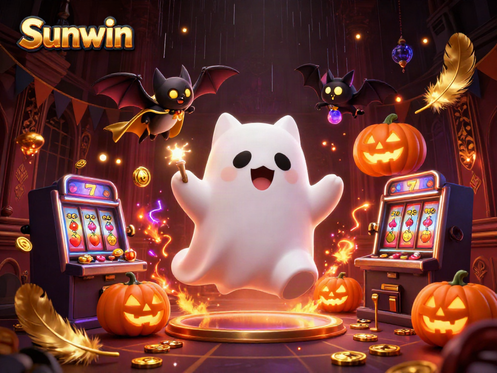 Sunwin ghost cat and bat in haunted casino, surrounded by slot machines and glowing jack-o-lanterns.