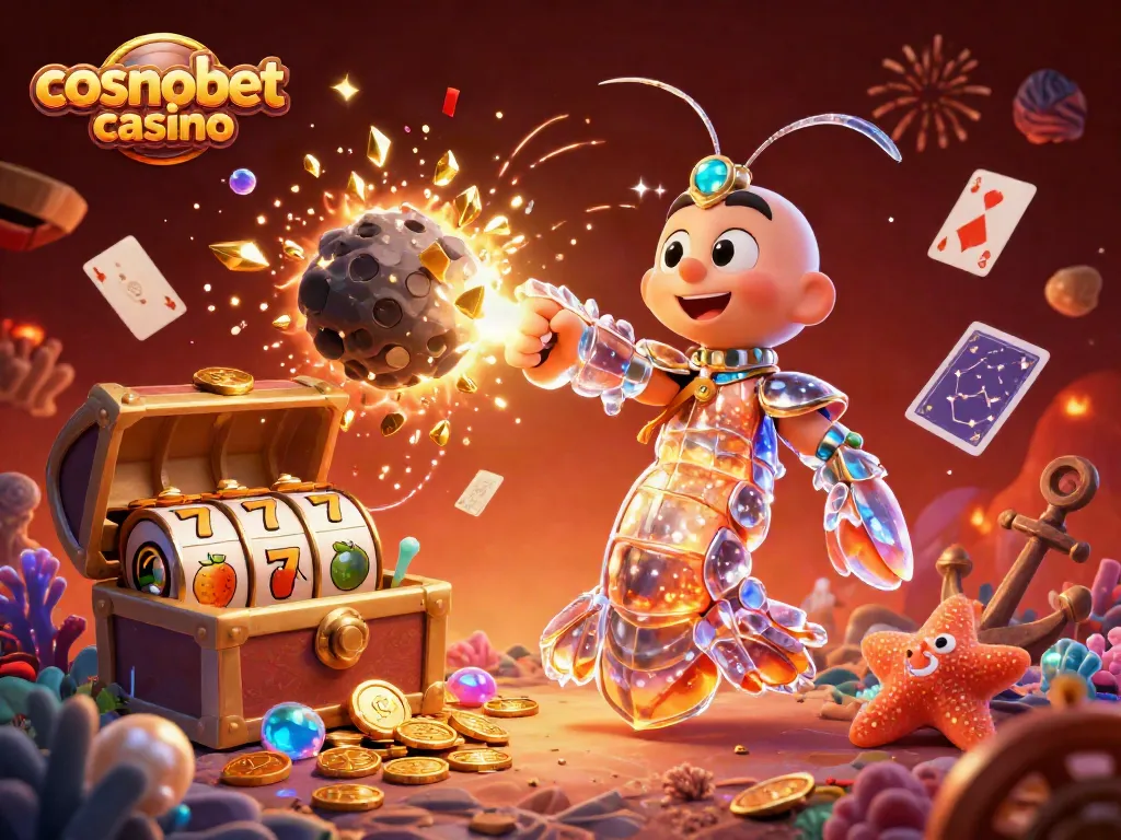 Join the fun at cosmobet casino with a galactic mantis shrimp amid coins and cards.