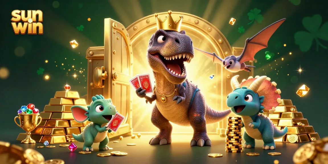 Experience the excitement of sun win with a T-Rex dealing cards in this vibrant casino scene.