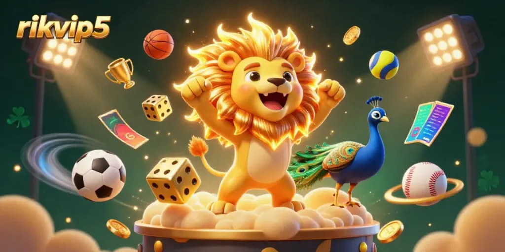 Experience the thrill of rikvip5 with a dynamic 3D scene featuring sports elements and a captivating sun lion.