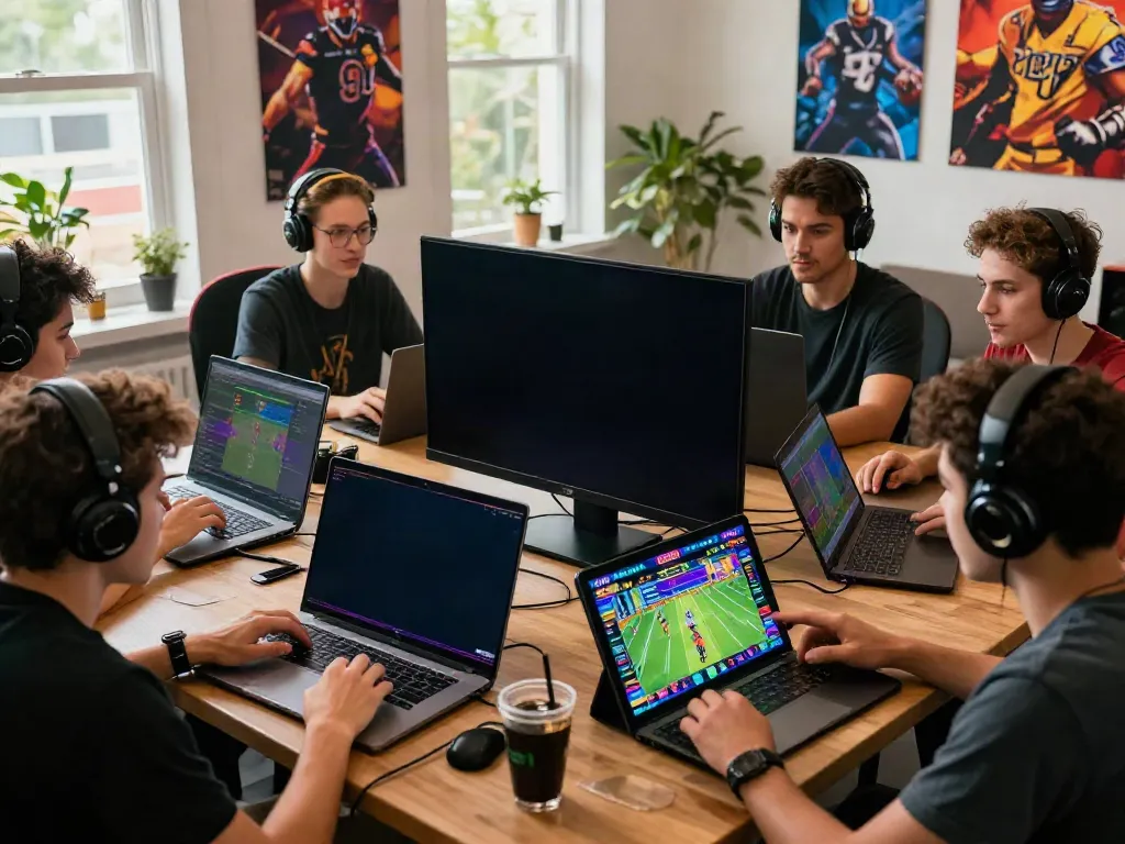 Group of friends enjoying diverse games on the TX88 online gaming platform in a lively room.