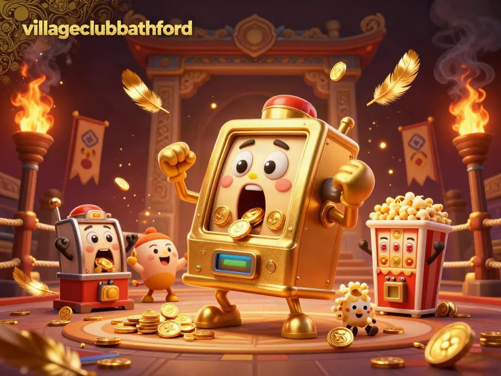 Spin to victory at villageclubbathford with a lively golden slot machine scene full of excitement.