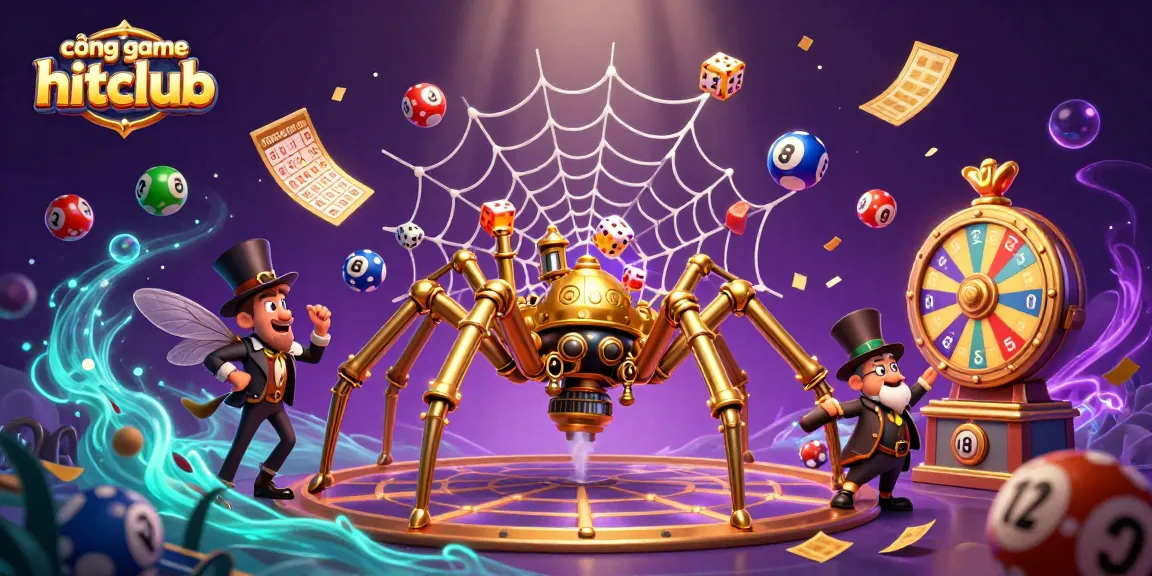 Experience the excitement at cổng game hitclub, where golden spider webs and lottery elements collide in a vibrant scene.