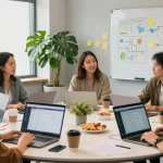 Team brainstorming in a modern workspace about AI startups 2026 with laptops and collaborative tools.