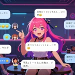 Engaging ecchi chat scene with diverse animated characters in lively digital interface.