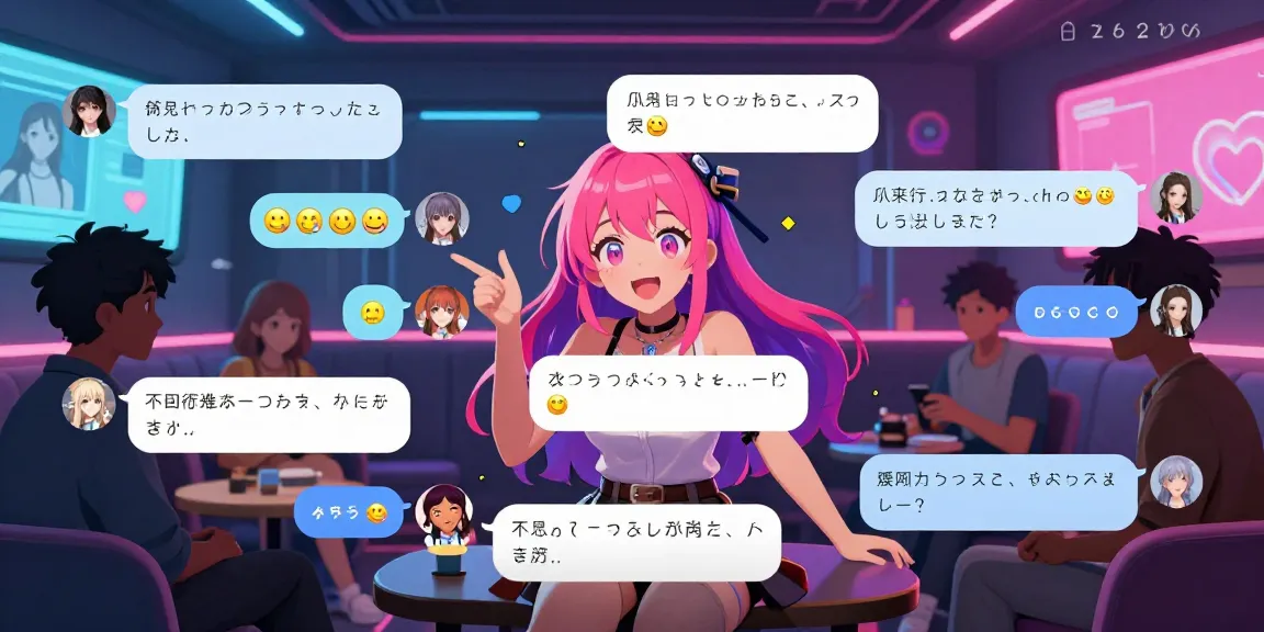 Engaging ecchi chat scene with diverse animated characters in lively digital interface.