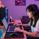 Gamer playing ecchigames in a vibrant gaming setup with LED lights.