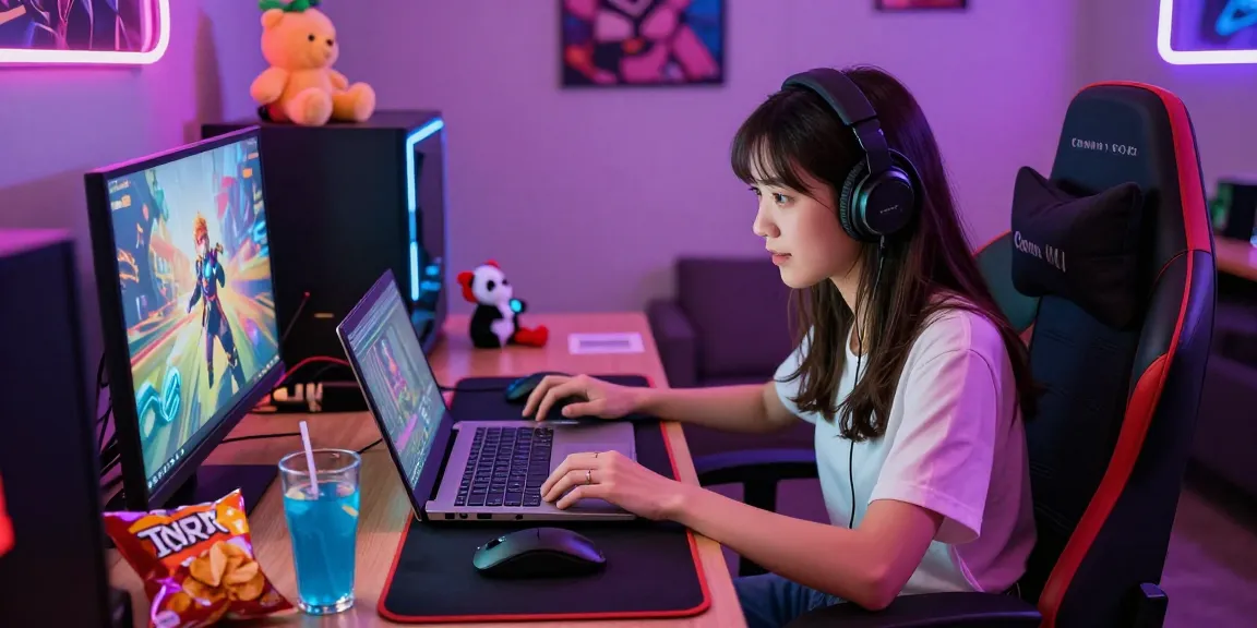 Gamer playing ecchigames in a vibrant gaming setup with LED lights.