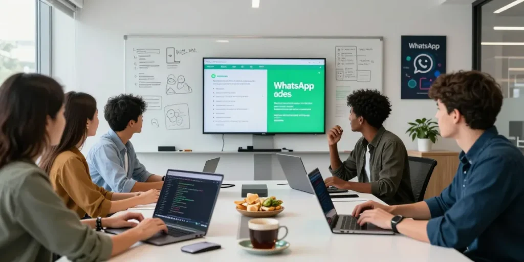 Collaborative team working on WhatsApp下載 updates in a modern office environment.