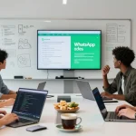 Collaborative team working on WhatsApp下載 updates in a modern office environment.