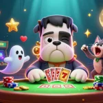 Engage with the vibrant world of Sun Win featuring a 3D Frankenstein bulldog dealer amidst colorful casino elements.