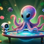 Dhani win offers immersive gaming experiences featuring a vibrant alien octopus at a poker table with dynamic slot machines