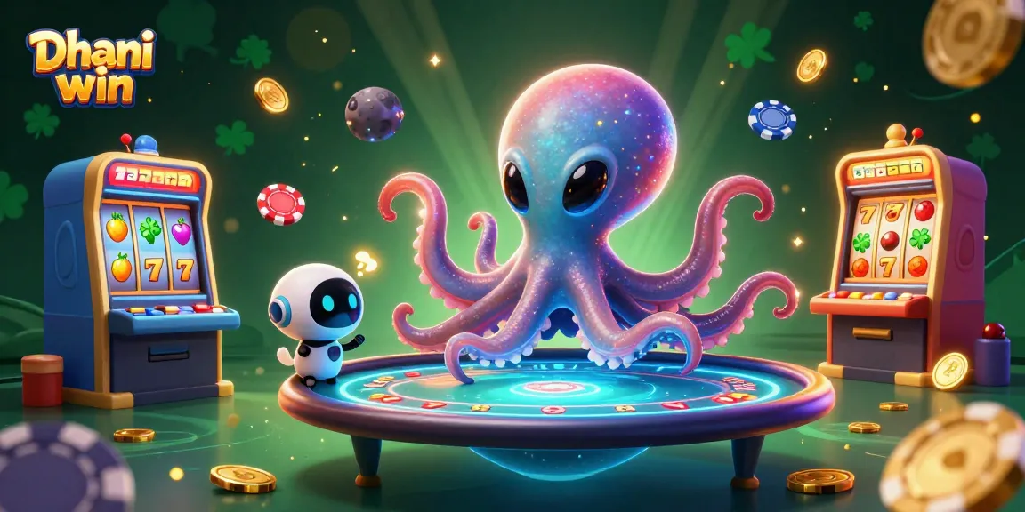 Dhani win offers immersive gaming experiences featuring a vibrant alien octopus at a poker table with dynamic slot machines
