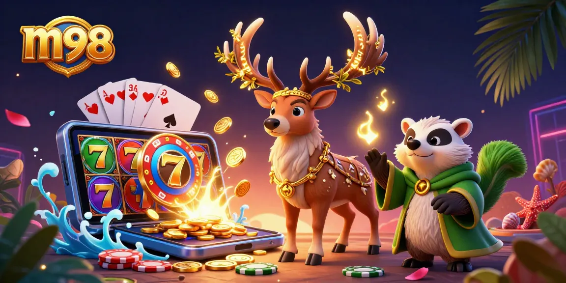 Experience thrilling slots and games with m98 in this vibrant 3D casino scene.