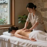Soothing 서울출장안마 session with candles and tranquil spa setting promoting relaxation.