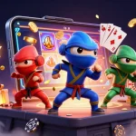 Experience thrilling gaming with 789Club as ninja chameleons showcase synchronized martial arts surrounded by casino elements.