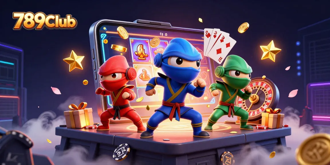 Experience thrilling gaming with 789Club as ninja chameleons showcase synchronized martial arts surrounded by casino elements.