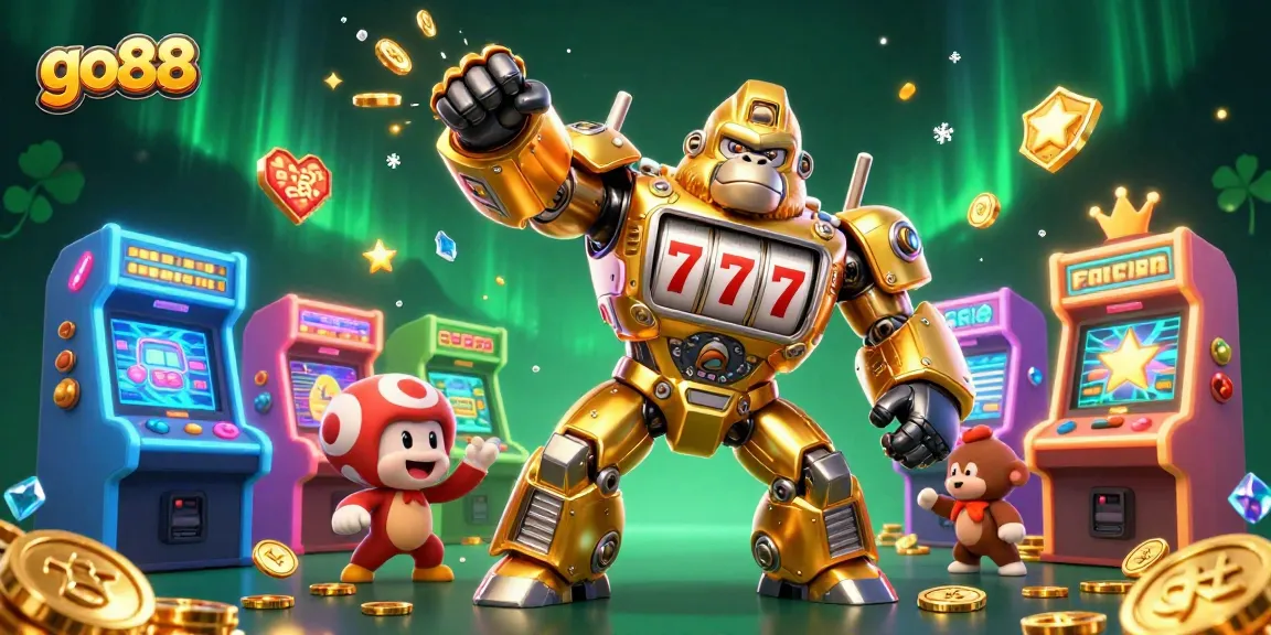 Experience the excitement of go88 with a golden mech gorilla and vibrant gaming elements.